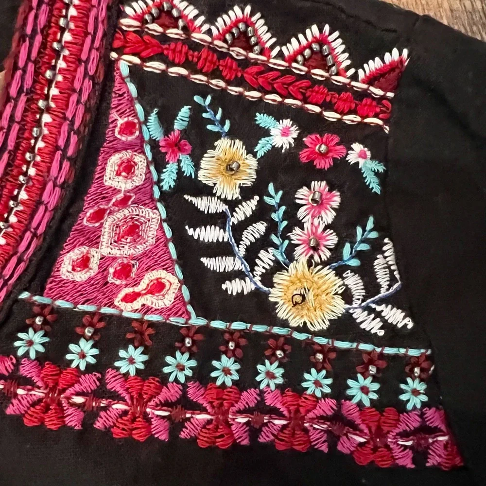 NTHR Women’s Open Front Embroidered Beaded Black Cotton Crop Jacket - Picture 9 of 12